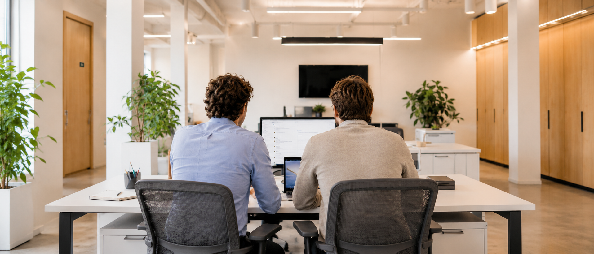Two of the team working together at a shared desk in the studio.
