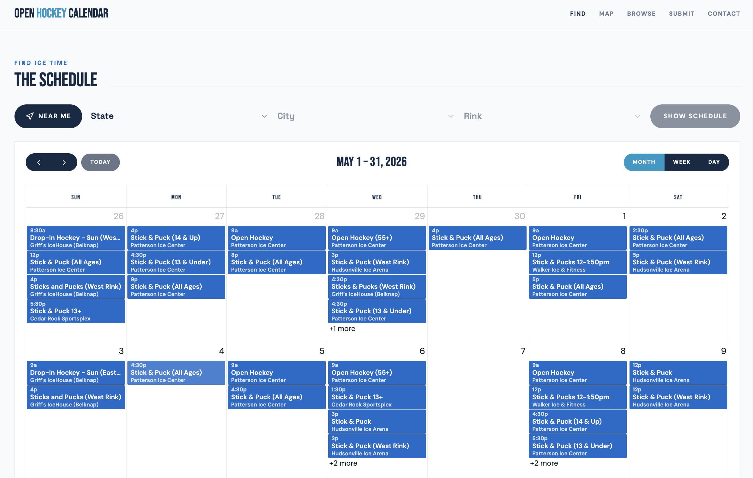 OpenHockeyCalendar.com — a monthly calendar aggregating open hockey, stick & puck, and drop-in skate times across rinks.