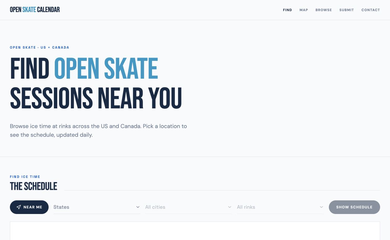 OpenSkateCalendar.com showing its location-based public skating schedule finder.