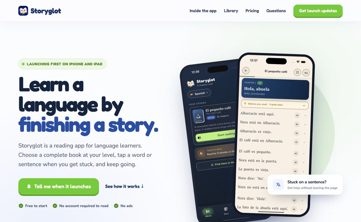 Storyglot showing its language-learning library and in-app reading experience.